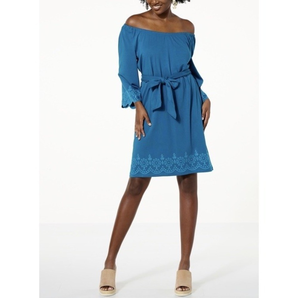 Colleen Lopez XS Embroidered Off-the-Shoulder Knee-Length Dress Ink Blue Summer